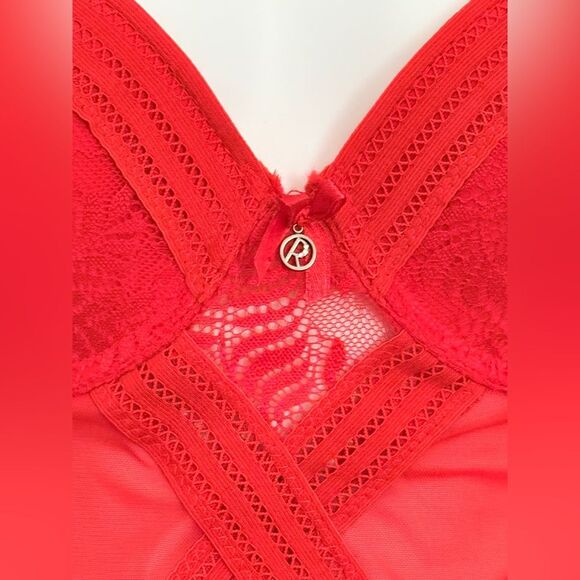 NWT Rachel Roy Red Lace Trim Floral Mesh Letter R 3 Crystal Charm Bow Bodysuit L - Picture 12 of 12